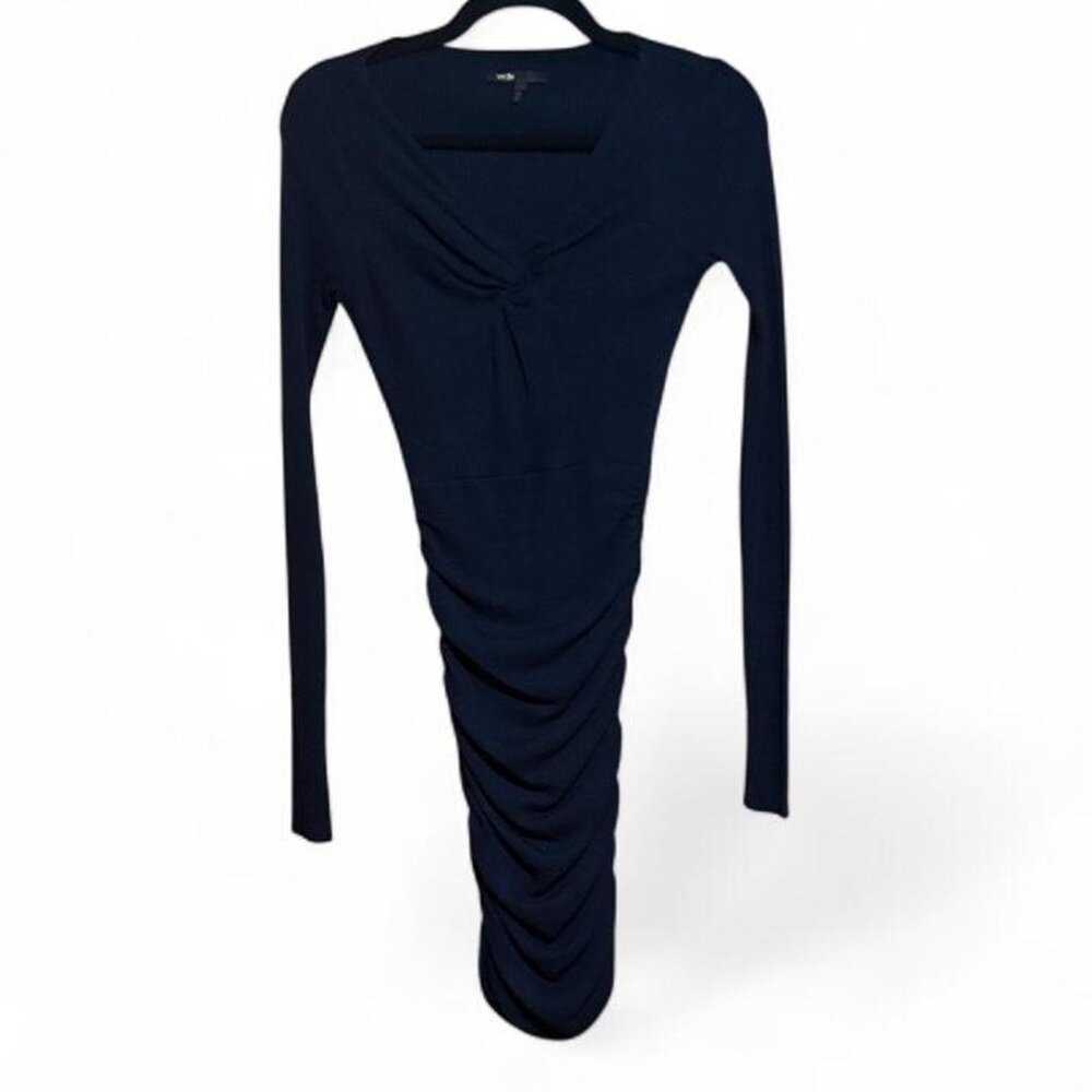 Maje ganela wool blend ruched bodycon dress long sleeve ribbed navy blue size S